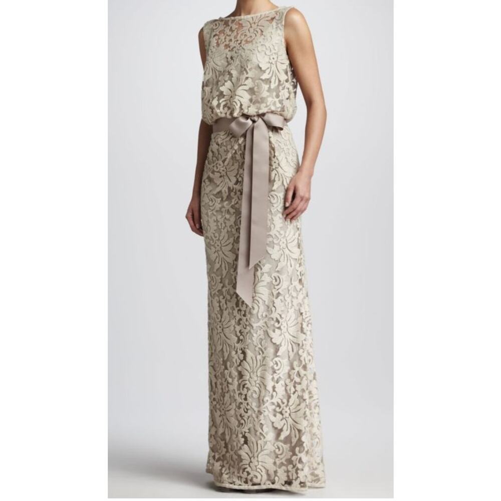 Preloved Tadashi Shoji Tan Sandy Beige Maxi Long Lace Belted Dress Floral Sz 6